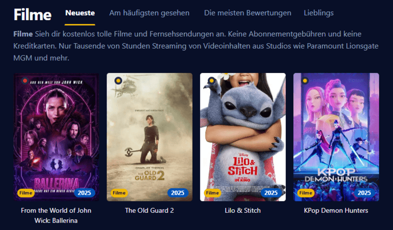 Bildschirmfoto der Benutzeroberfläche von Einschalten die eine moderne Streaming Plattform mit Filmen und Serien wiedergibt